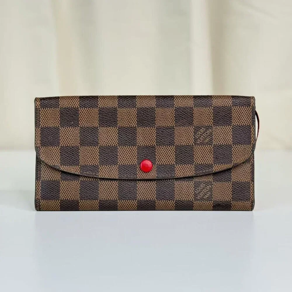 Louis Vuitton Damier Ebene Wallet with Red Button Classic Checkered Desiign